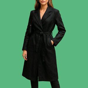 🖤 Tahari Black Faux Suede Wrap Trench Coat - Size M | Chic Belted Outerwear NWT